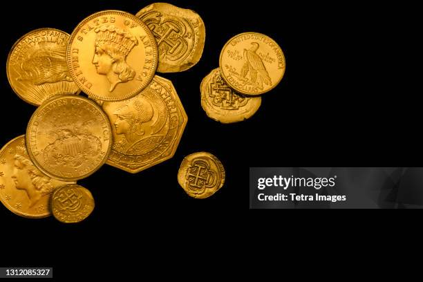 studio shot of ancient gold coins - collection stock pictures, royalty-free photos & images