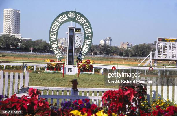 The Royal West India Turf Club finishing post at The Mahalaxmi Racecourse in Mumbai. The Indian Derby is run annually on the first Sunday of February...