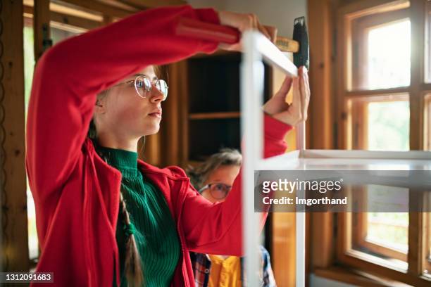 brother and sister helping to assembly furniture at home - building shelves stock pictures, royalty-free photos & images