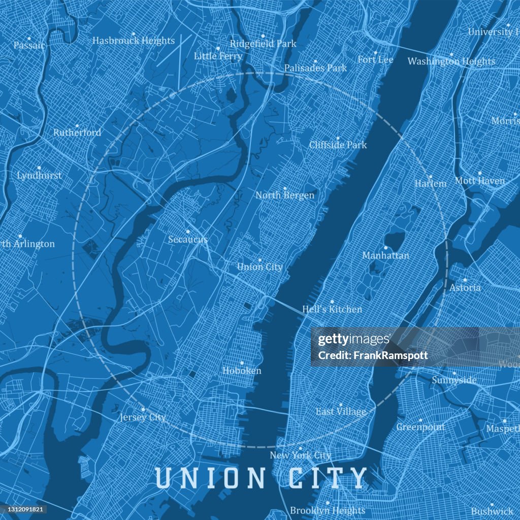 Union City NJ City Vector Road Map Blue Text