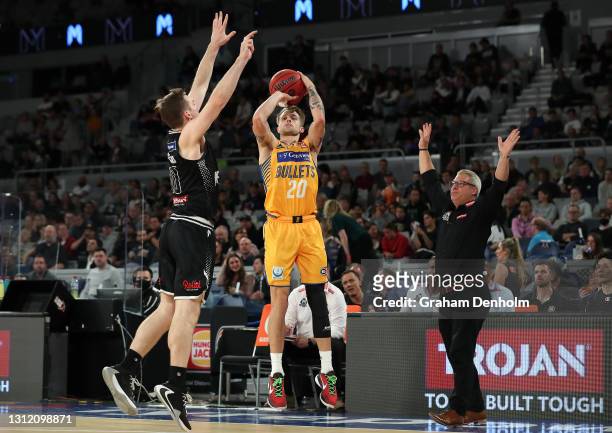 Nathan Sobey of the Bullets shoots during the round 13 NBL match between Melbourne United and the Brisbane Bullets at John Cain Arena, on April 12 in...