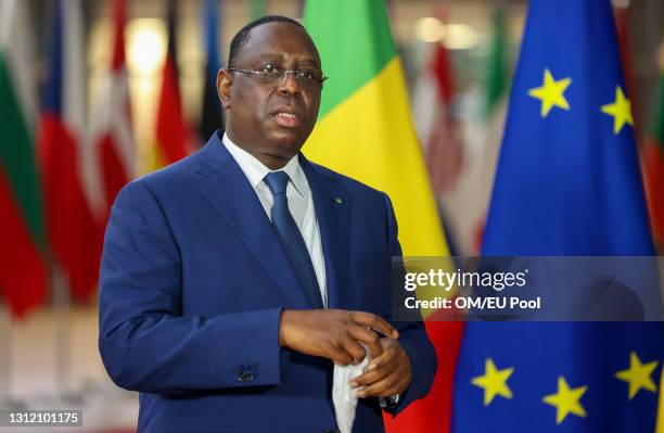 President of the Republic of Senegal Macky Sall arrives in the European Union Council building Justus Lipsius on April 12, 2021 in Brussels, Belgium.