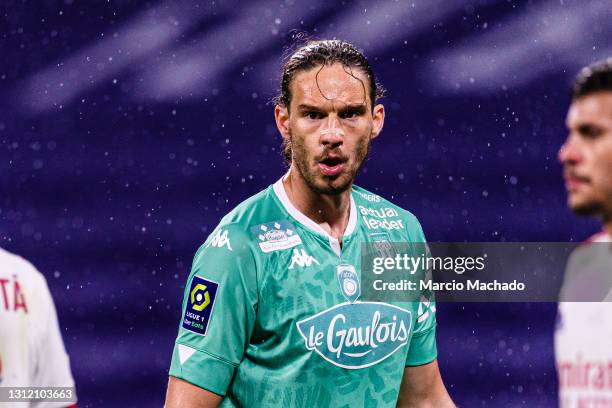 Mateo Pavlovic of Angers walks in the field during the Ligue 1 match between Olympique Lyon and Angers SCO at Groupama Stadium on April 11, 2021 in...