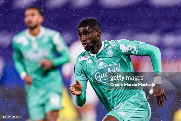 Mohamed Ali Cho of Angers runs in the field during the Ligue 1 match between Olympique Lyon and Angers SCO at Groupama Stadium on April 11, 2021 in...