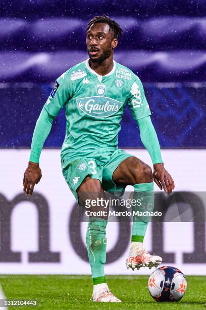 Souleyman Doumbia of Angers in action during the Ligue 1 match between Olympique Lyon and Angers SCO at Groupama Stadium on April 11, 2021 in Lyon,...