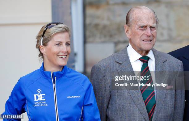 Sophie, Countess of Wessex and Prince Philip, Duke of Edinburgh pose for a photograph before The Countess leaves the Palace of Holyroodhouse on day...