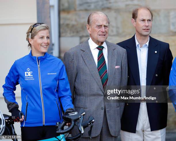 Sophie, Countess of Wessex, Prince Philip, Duke of Edinburgh and Prince Edward, Earl of Wessex pose for a photograph before The Countess leaves the...