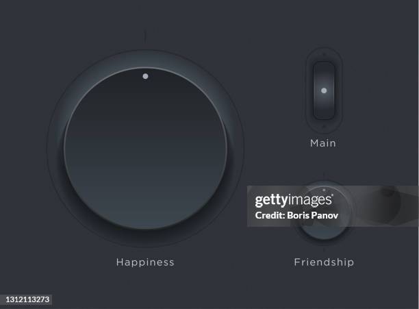 smooth dark user interface dashboard with touch screen knobs and buttons in a modern and clean skeuomorphism or neumorphism ui - volume knob stock illustrations