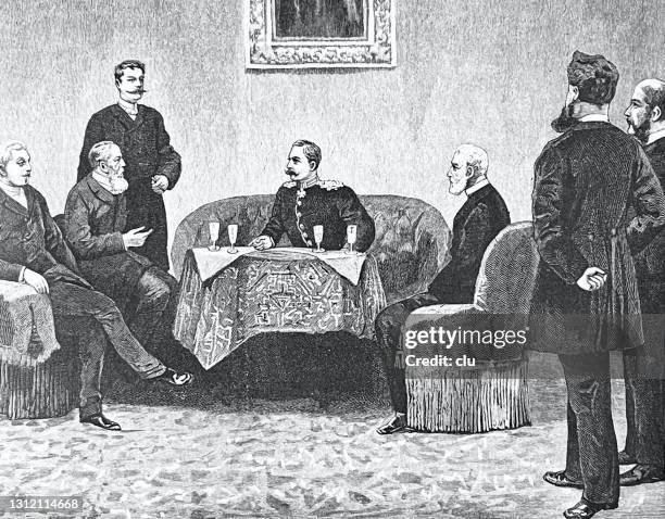 parlamentarisches abendessen im haus des deutschen bundeskanzlers kaiser wilhelm ii. im gespräch mit abgeordneten - otto von bismarck stock-grafiken, -clipart, -cartoons und -symbole