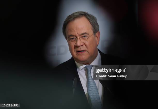 Armin Laschet, leader of the German Christian Democrats , speaks to the media at CDU headquarters shortly after the CDU leadership confirmed its...