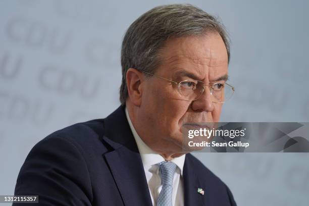 Armin Laschet, leader of the German Christian Democrats , speaks to the media at CDU headquarters shortly after the CDU leadership confirmed its...