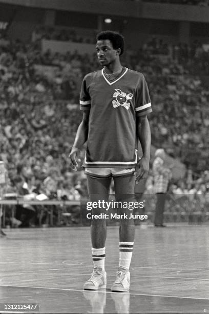 Denver Nuggets forward David Thompson stands at the free throw line in his warmup jersey prior to an ABA basketball game against the St. Louis...