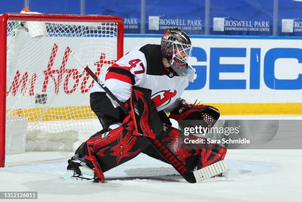 Aaron Dell of the New Jersey Devils tends goal during an NHL game against the Buffalo Sabres on April 8, 2021 at KeyBank Center in Buffalo, New York.