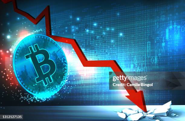 ilustraciones, imágenes clip art, dibujos animados e iconos de stock de bitcoin precio fallchart - down