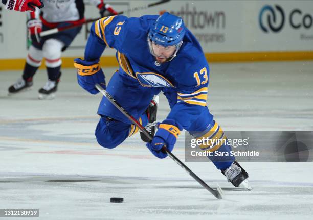 Tobias Rieder of the Buffalo Sabres skates during an NHL game against the Washington Capitals on April 9, 2021 at KeyBank Center in Buffalo, New York.