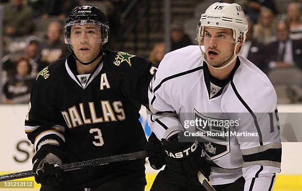 Stephane Robidas of the Dallas Stars and Brad Richardson of the Los Angeles Kings at American Airlines Center on October 27, 2011 in Dallas, Texas.