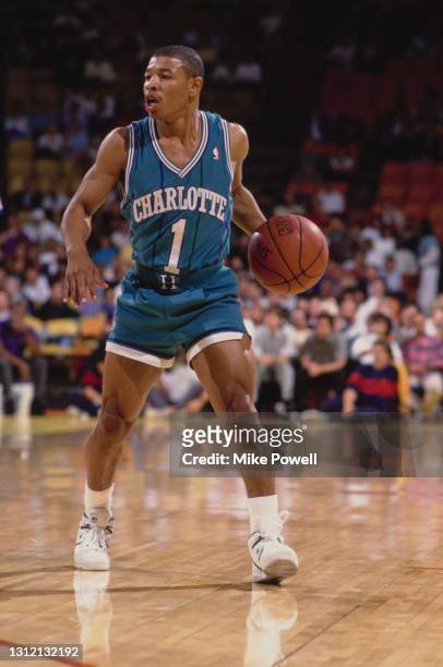 Muggsy Bogues, Point Guard for the Charlotte Hornets during the NBA Pacific Division basketball game on 10th November 1989 at the Great Western Forum...