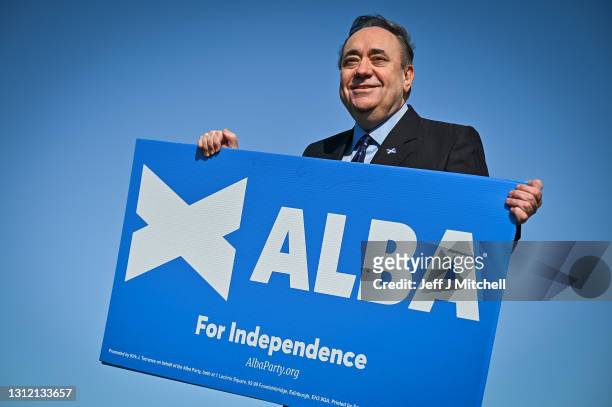Former First Minister and leader of the Alba Party Alex Salmond campaigns on Calton Hill on April 12, 2021 in Edinburgh, Scotland. The former First...