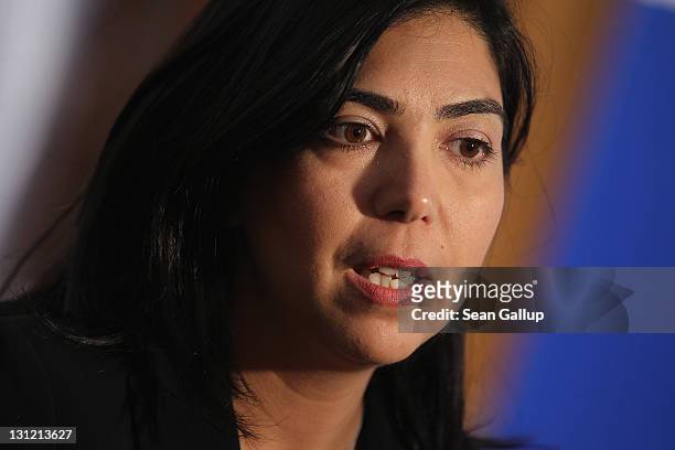 Aygul Ozkan, government Minister for Social Welfare, Women, Families, Health and Integration in the German state of Lower Saxony, gives a television...