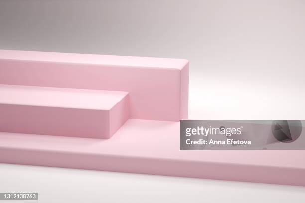 empty pink 3d platforms on gray white background. good for cosmetic products demonstrating. front view with copy space - pink color block stock pictures, royalty-free photos & images