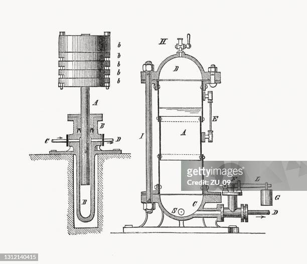 hydraulic accumulators, wood engravings, published in 1893 - water pump stock illustrations