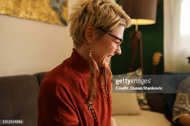 short blond pixie hair style - pixie cut stock pictures, royalty-free photos & images
