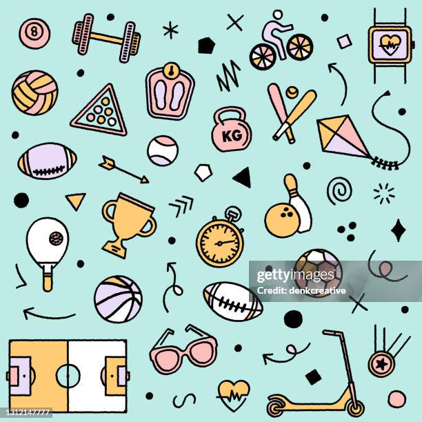 ilustraciones, imágenes clip art, dibujos animados e iconos de stock de patrón sin fisuras con iconos deportivos - exercising stock illustrations