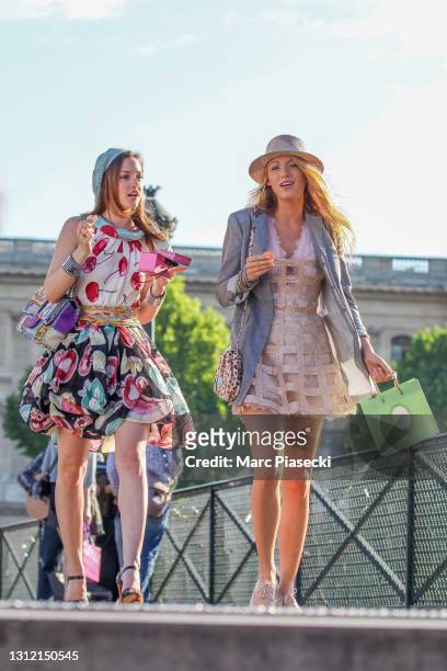 Leighton Meester and Blake Lively are sighted on location for 'Gossip Girl' on July 5, 2010 in Paris, France.