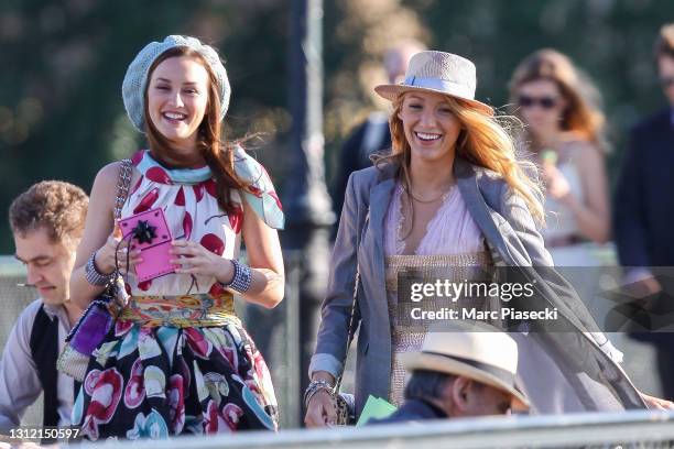 Leighton Meester and Blake Lively are sighted on location for 'Gossip Girl' on July 5, 2010 in Paris, France.