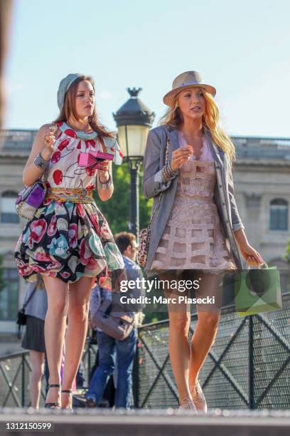 Leighton Meester and Blake Lively are sighted on location for 'Gossip Girl' on July 5, 2010 in Paris, France.