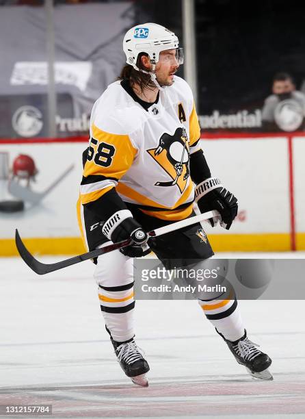Kris Letang of the Pittsburgh Penguins skates against the New Jersey Devils during the game at Prudential Center on April 11, 2021 in Newark, New...