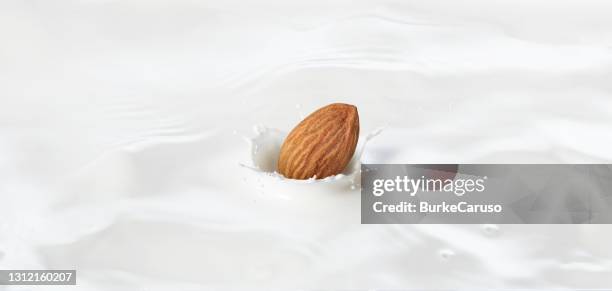 almond dropping into milk - almonds on white stock-fotos und bilder