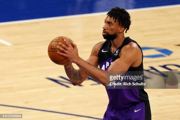 Khem Birch of the Toronto Raptors in action against the New York Knicks during a game at Madison Square Garden on April 11, 2021 in New York City....