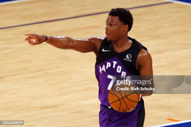 Kyle Lowry of the Toronto Raptors in action against the New York Knicks during a game at Madison Square Garden on April 11, 2021 in New York City....