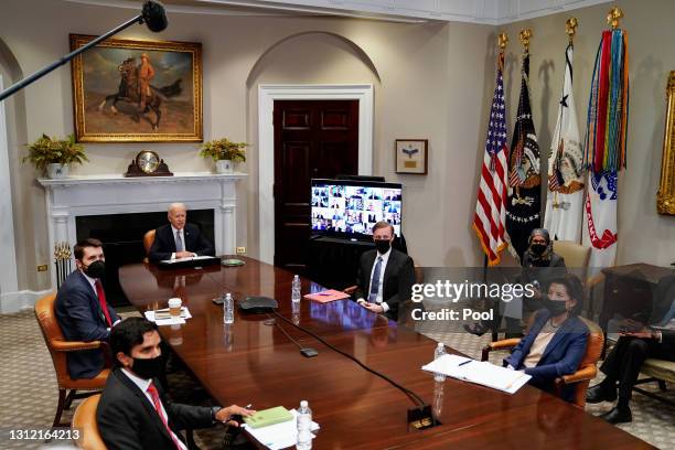 President Joe Biden speaks during a CEO Summit on Semiconductor and Supply Chain Resilience via video conference with National Economic Council...