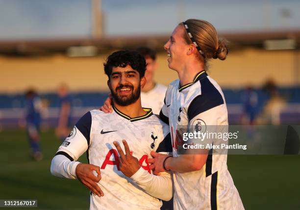 Dilan Markanday of Spurs celebrates scoring his sides first goal with team mate Rafferty Pedder during the Premier League 2 match between Leicester...