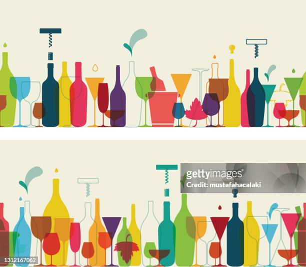 stockillustraties, clipart, cartoons en iconen met retro gekleurde naadloze wijn en cocktailbanners - cocktail party