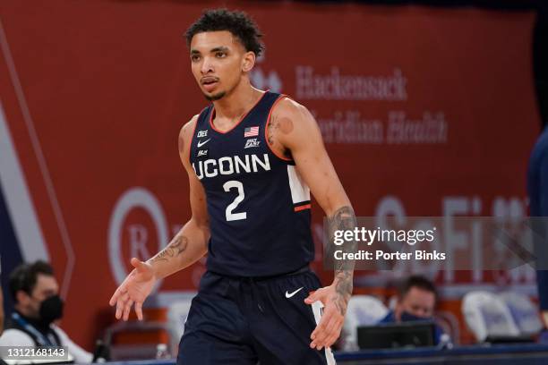 James Bouknight of the Connecticut Huskies reacts during a semifinal game against the Creighton Bluejays during the Big East Tournament at Madison...