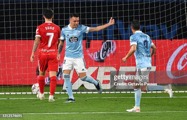 Iago Aspas of Celta Vigo celebrates after scoring their sides first goal with team mate Nolito during the La Liga Santander match between RC Celta...