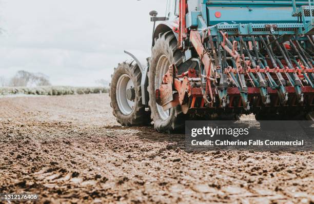 close-up of a red tractor pulling a seeder and sowing barley seeds - plough stock pictures, royalty-free photos & images