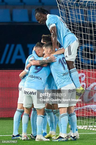 Iago Aspas of Celta de Vigo celebrates with his team mates after scoring his team's second goal during the La Liga Santander match between RC Celta...