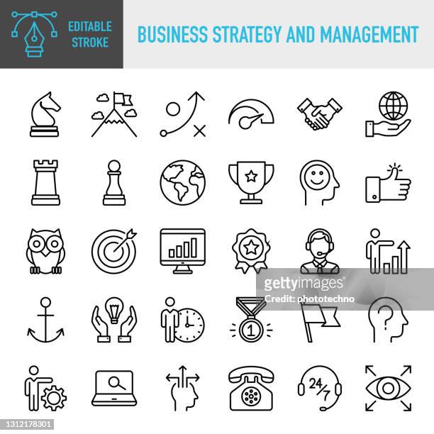 modern universal business strategy and management line icon set - thin line vector icon set. pixel perfect. editable stroke. for mobile and web. the set contains icons: business, strategy, management, goal, target, leadership, teamwork, work group, human - business strategy stock illustrations