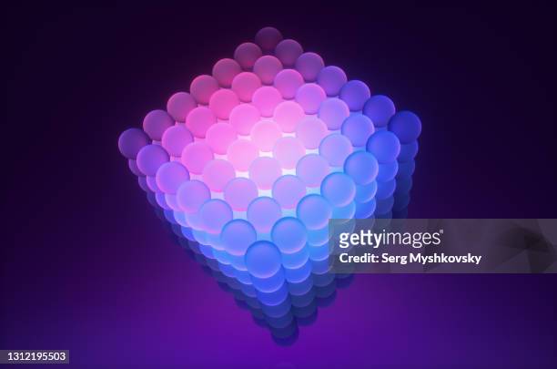 a neon cube of glass spheres glows blue and purple in the night room. 3d render illustration - installation art stock pictures, royalty-free photos & images