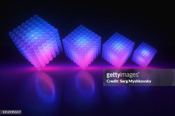 three neon cubes of glass spheres glows blue and purple in the night room. 3d render illustration - installationskunst stock-fotos und bilder