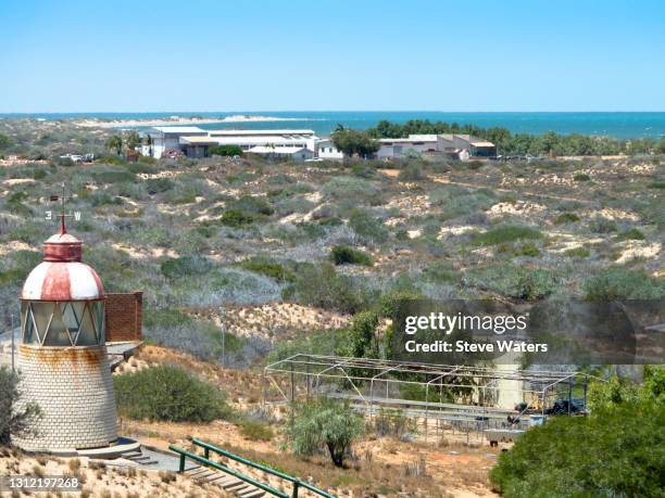 old lighthouse in the heritage precinct, babbage island, carnarvon - carnarvon stock pictures, royalty-free photos & images