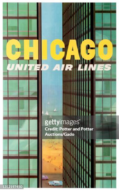 "Chicago" travel poster depicting a view between two Mies Van der Rohe skyscrapers toward Lakeshore Drive and Lake Michigan, illustrated by Stan...
