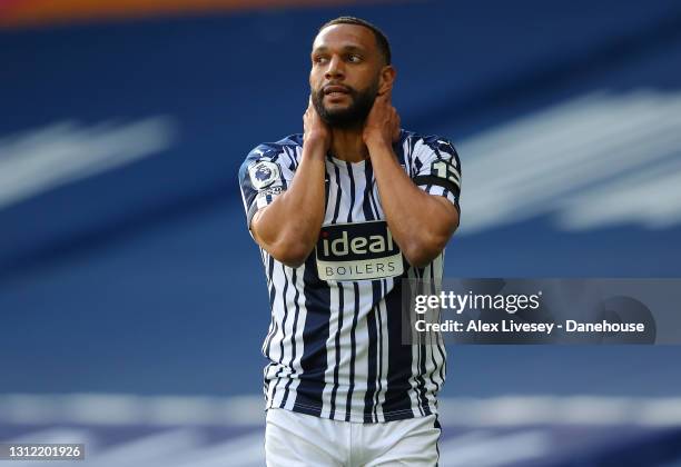 Matt Phillips of West Bromwich Albion reacts after missing a goal scoring chance during the Premier League match between West Bromwich Albion and...