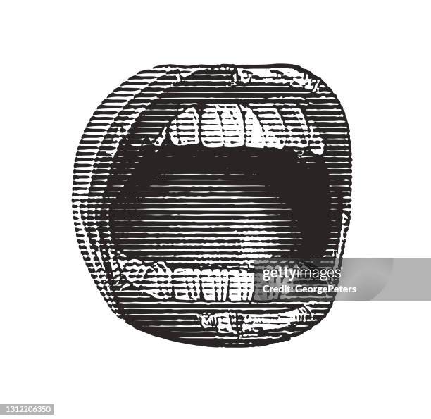 stockillustraties, clipart, cartoons en iconen met sluit omhoog van mond die met glitchtechniek schreeuwt - schreeuwen