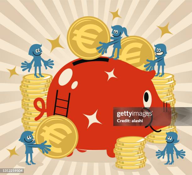 gruppe von geschäftsfrauen, die die währung der europäischen union in ein großes sparschwein stecken - crowdfunding stock-grafiken, -clipart, -cartoons und -symbole