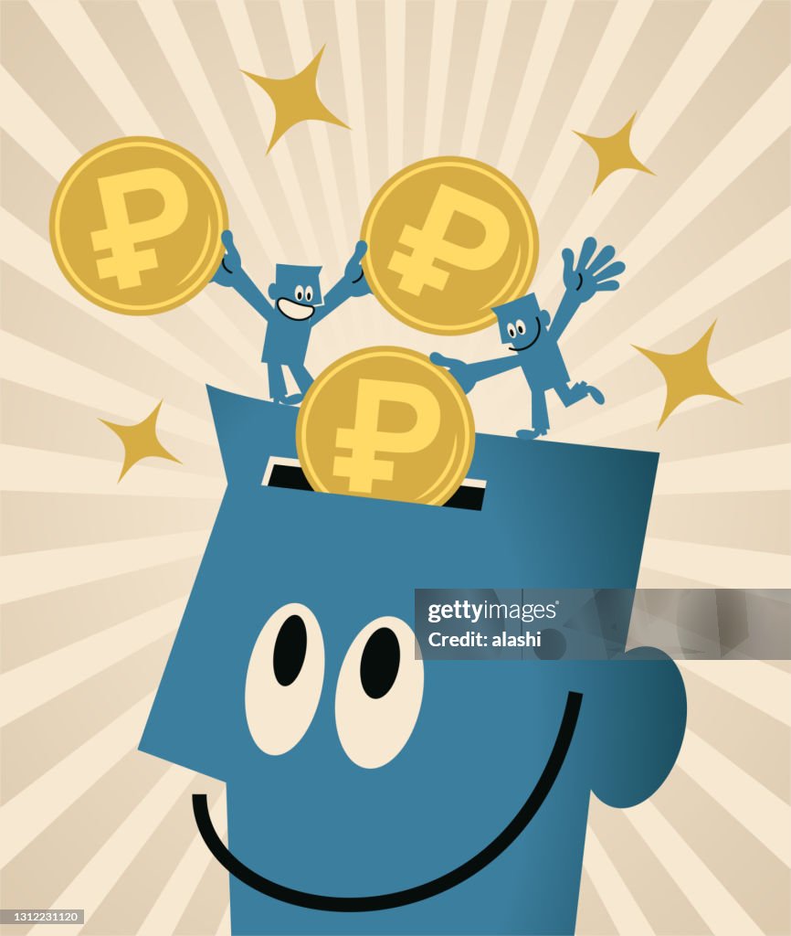 Deux petits hommes bleus mettant (sauvant) la monnaie russe de roubles dans la tête ouverte du géant ; Pour investir dans votre esprit; Personnes soucieuses de l’argent; Pour gagner votre vie à partir des connaissances que vous avez déjà